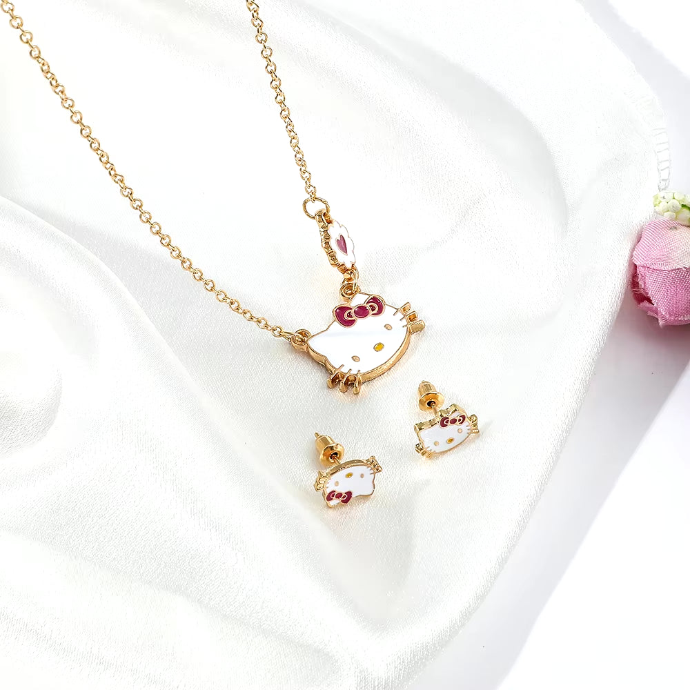 Sweet Sanrio Necklace Hello Kitty Kawaii Kitty Cat Small Earrings Studs for Kids Child Gifts Cartoon Holiday Jewelry Set