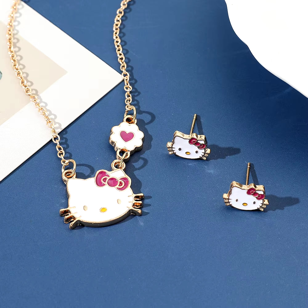 Sweet Sanrio Necklace Hello Kitty Kawaii Kitty Cat Small Earrings Studs for Kids Child Gifts Cartoon Holiday Jewelry Set