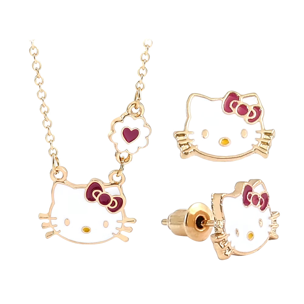 Sweet Sanrio Necklace Hello Kitty Kawaii Kitty Cat Small Earrings Studs for Kids Child Gifts Cartoon Holiday Jewelry Set